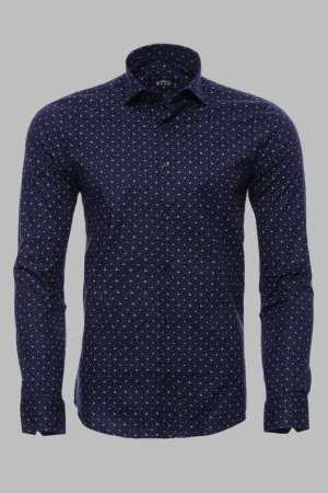 Dot Patterned Long Sleeves Navy Blue Men's Shirt - Wessi