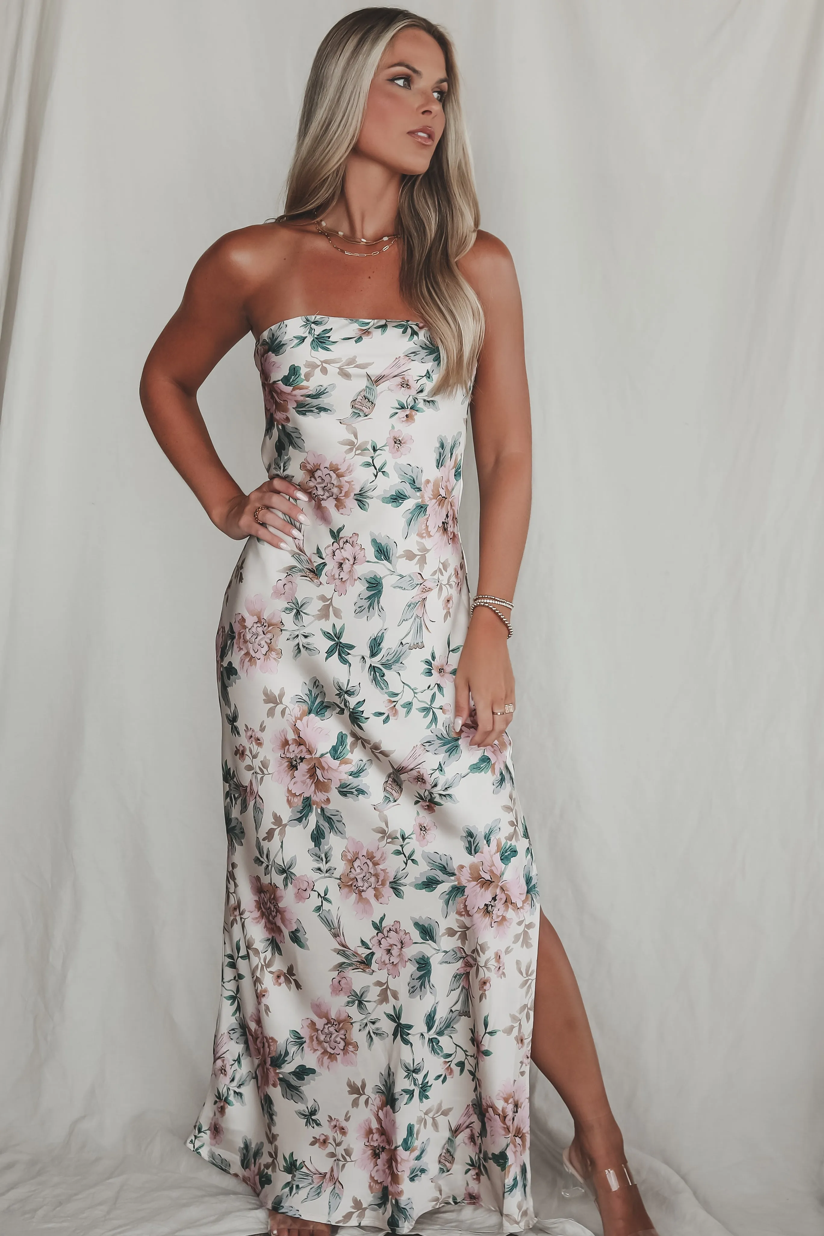 Eyes On You Obviously Ivory Satin Strapless Maxi Dress