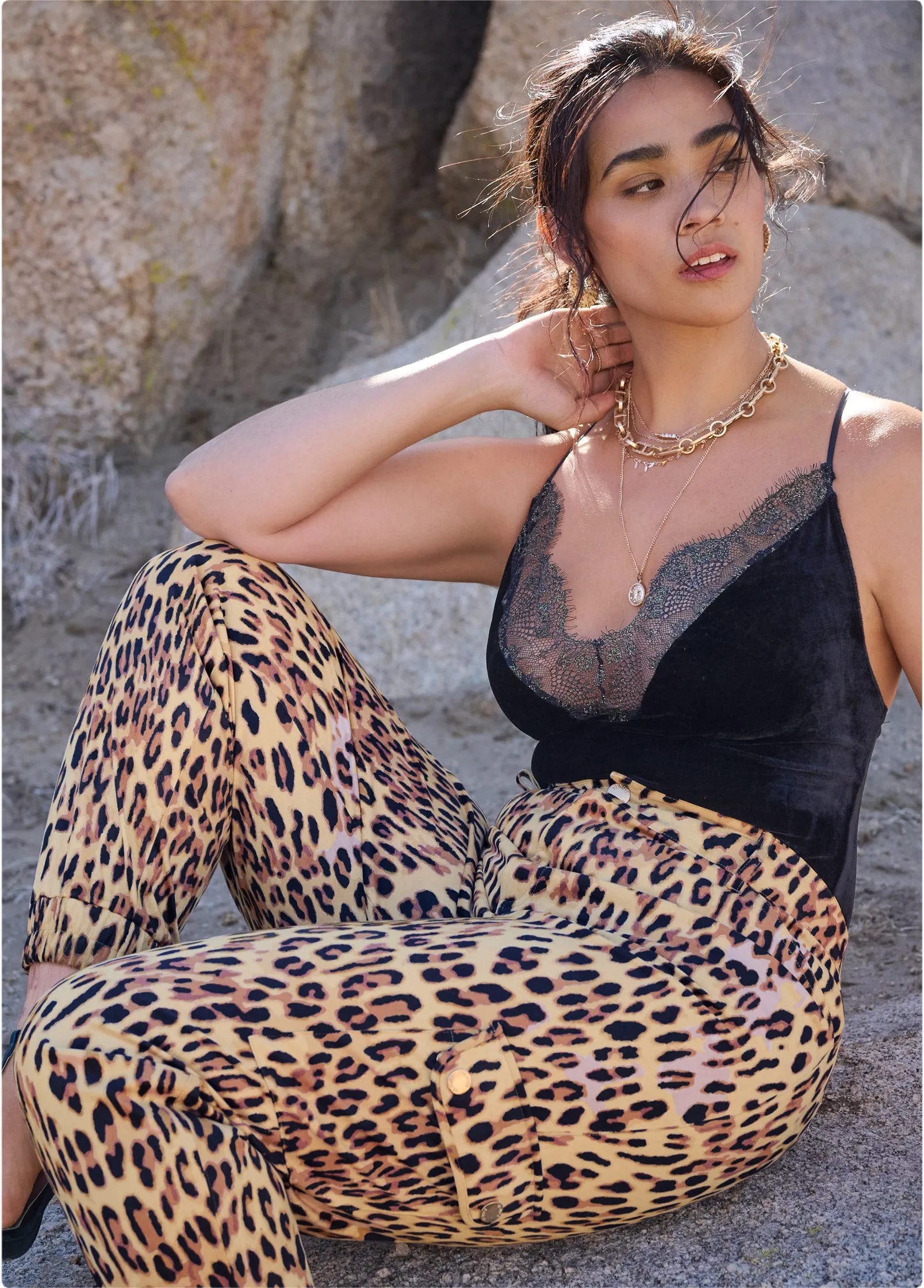 Faux Suede Leopard Print Cargo Pants - Brown Multi