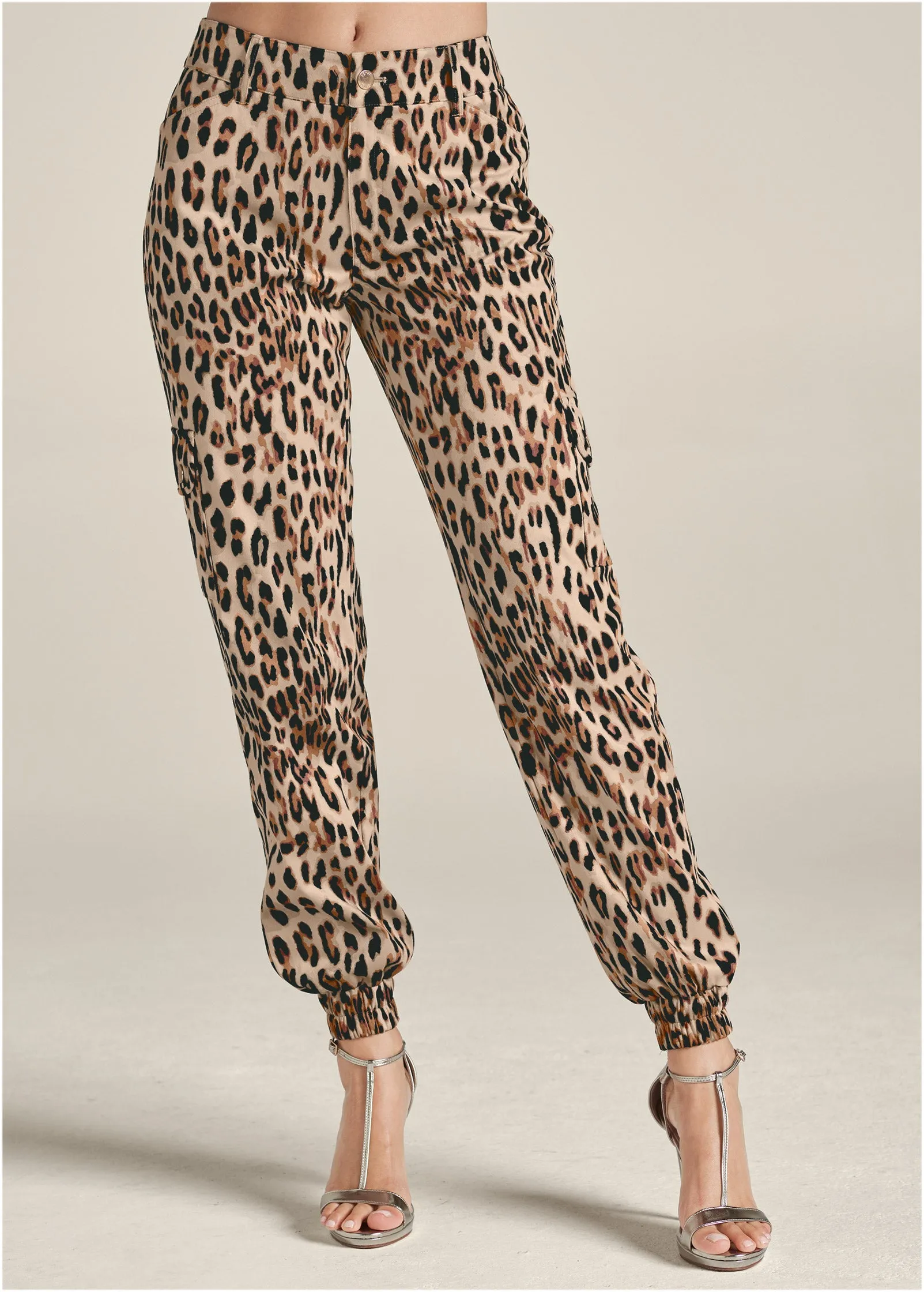 Faux Suede Leopard Print Cargo Pants - Brown Multi