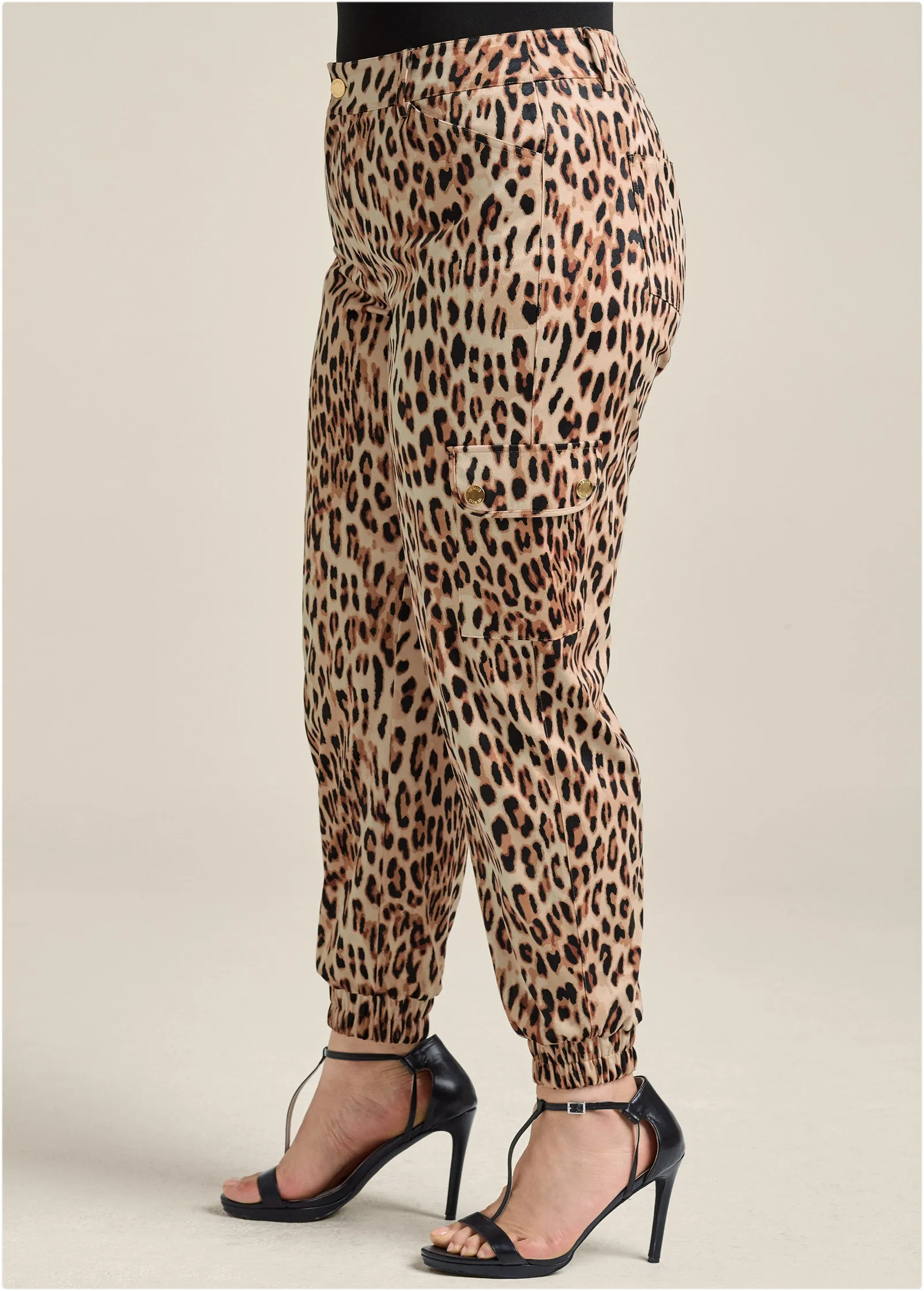 Faux Suede Leopard Print Cargo Pants - Brown Multi