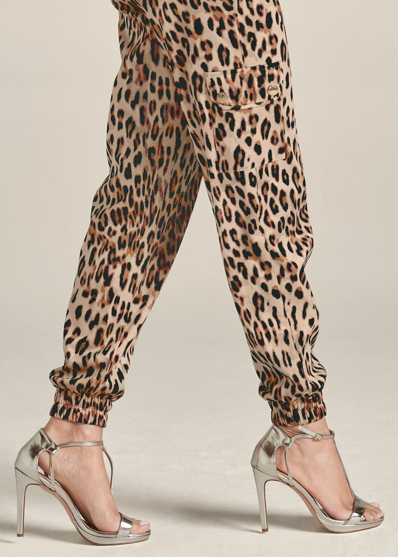 Faux Suede Leopard Print Cargo Pants - Brown Multi