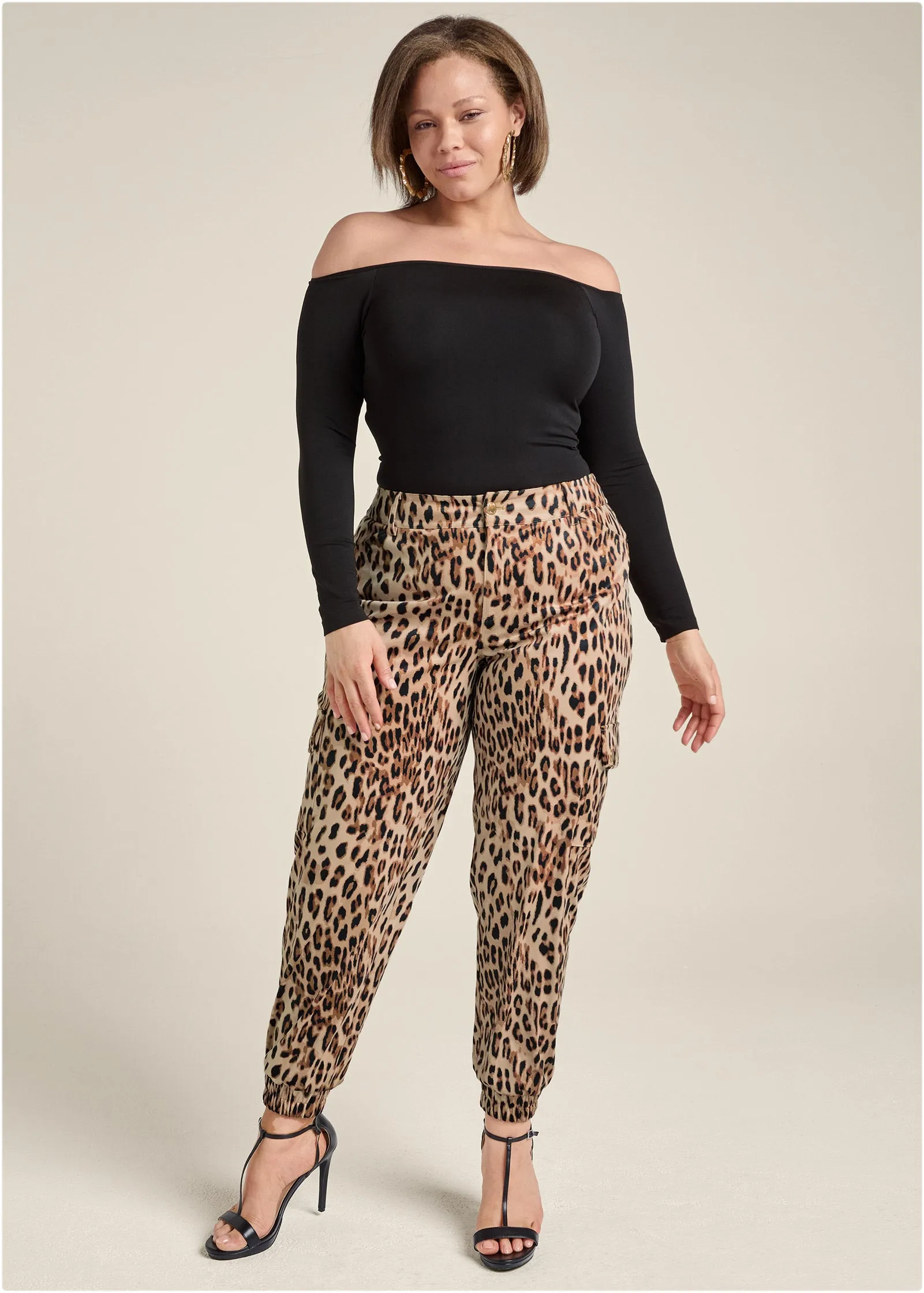 Faux Suede Leopard Print Cargo Pants - Brown Multi