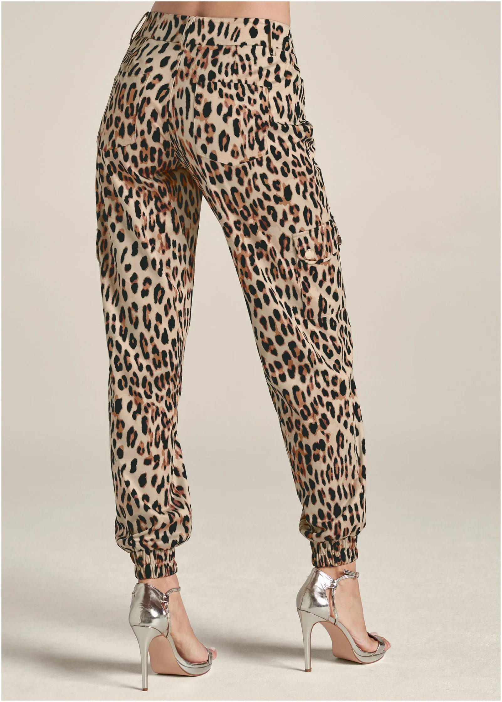 Faux Suede Leopard Print Cargo Pants - Brown Multi