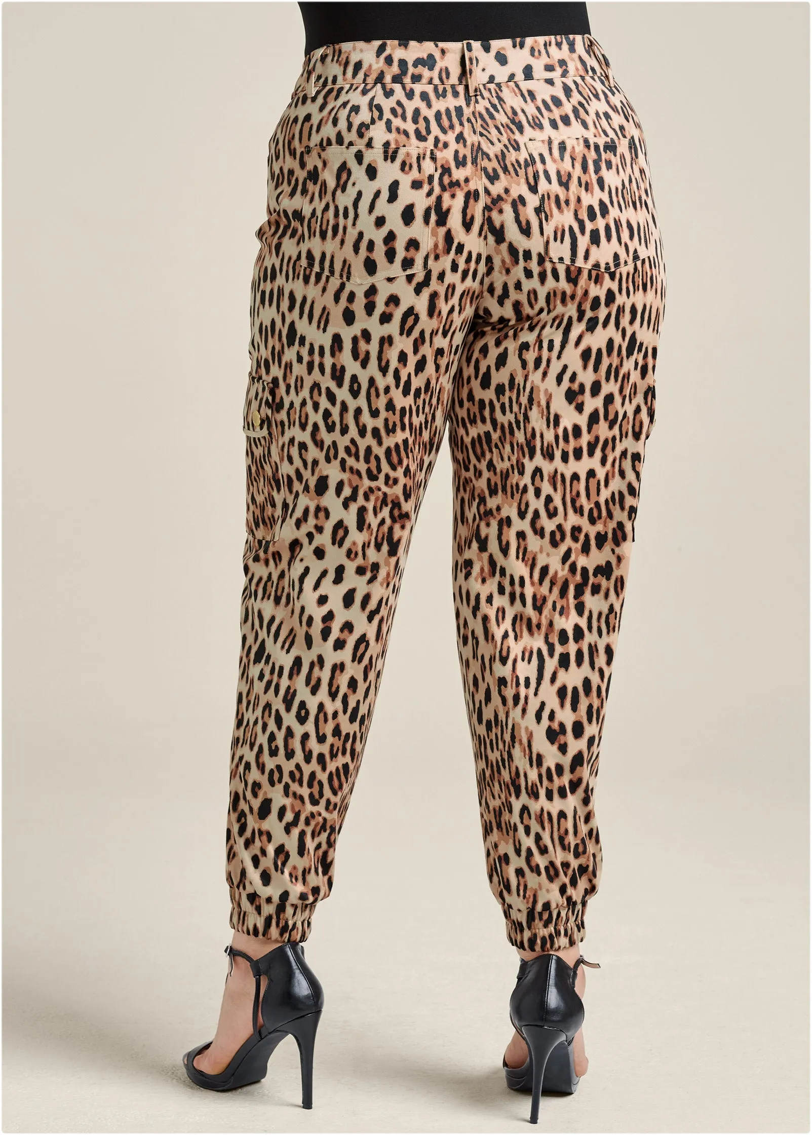 Faux Suede Leopard Print Cargo Pants - Brown Multi