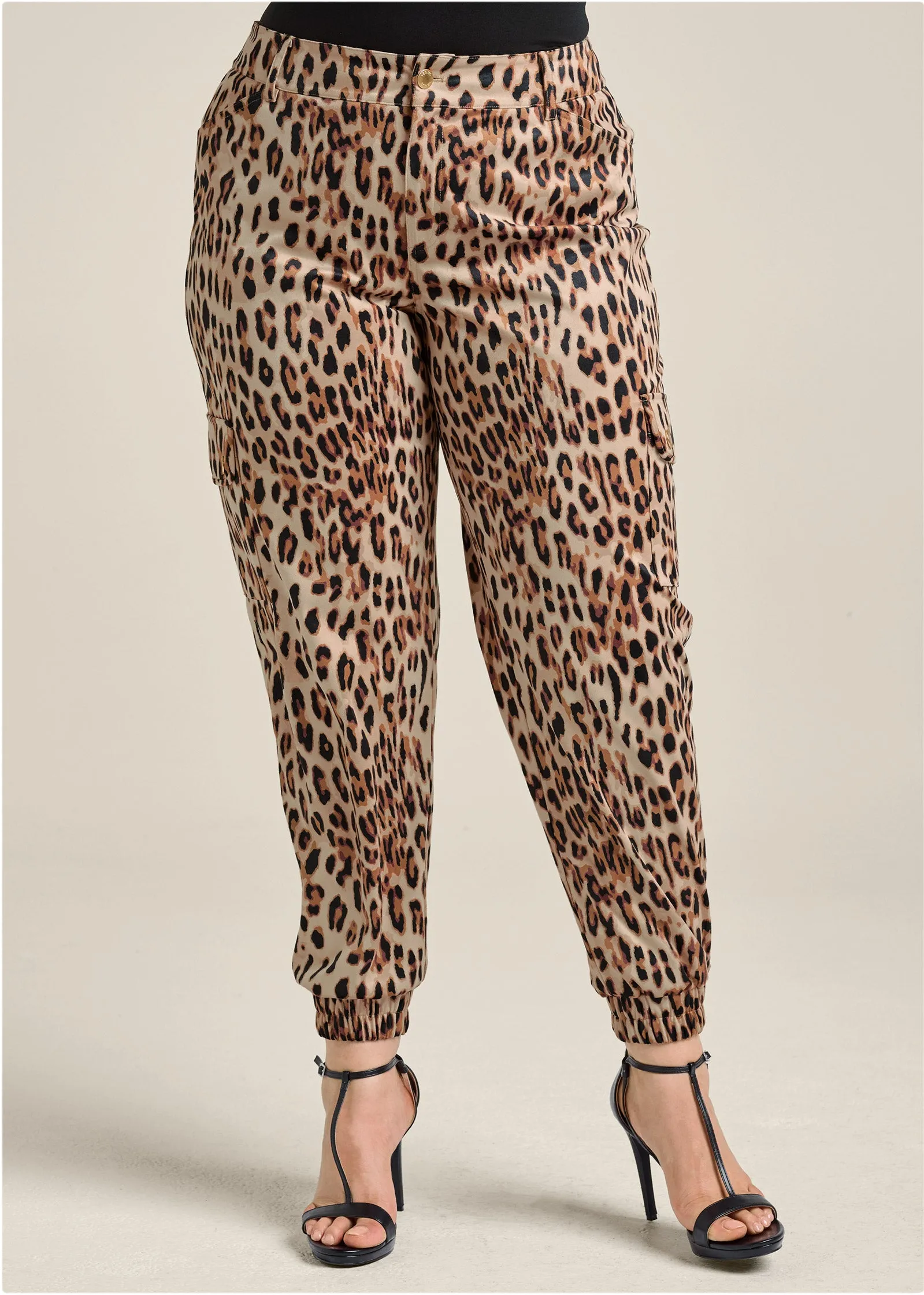 Faux Suede Leopard Print Cargo Pants - Brown Multi