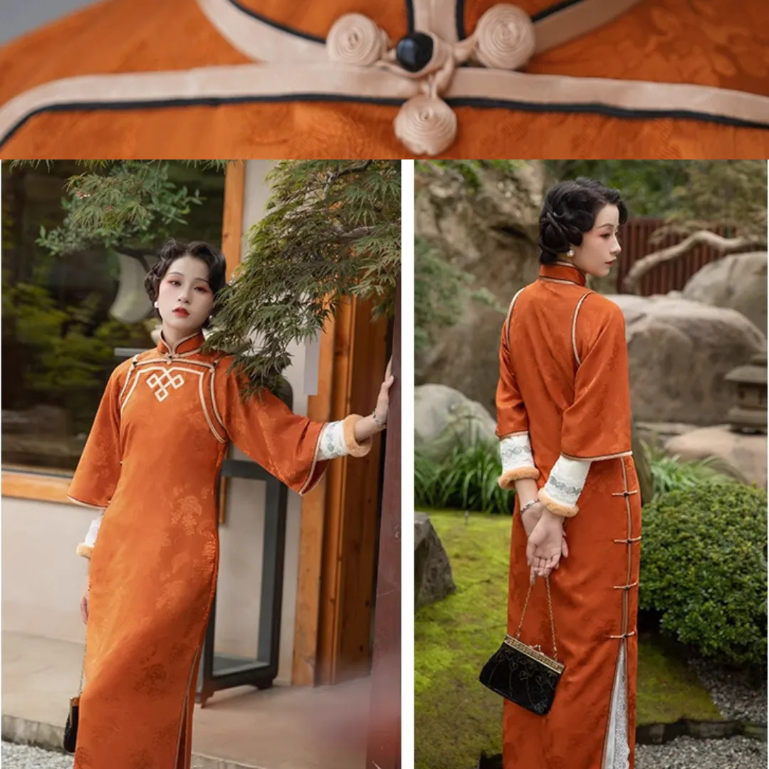 Fei Lian 飞廉 1920s Parallel Panel Jacquard Contrast Trim Bell Sleeve Qipao