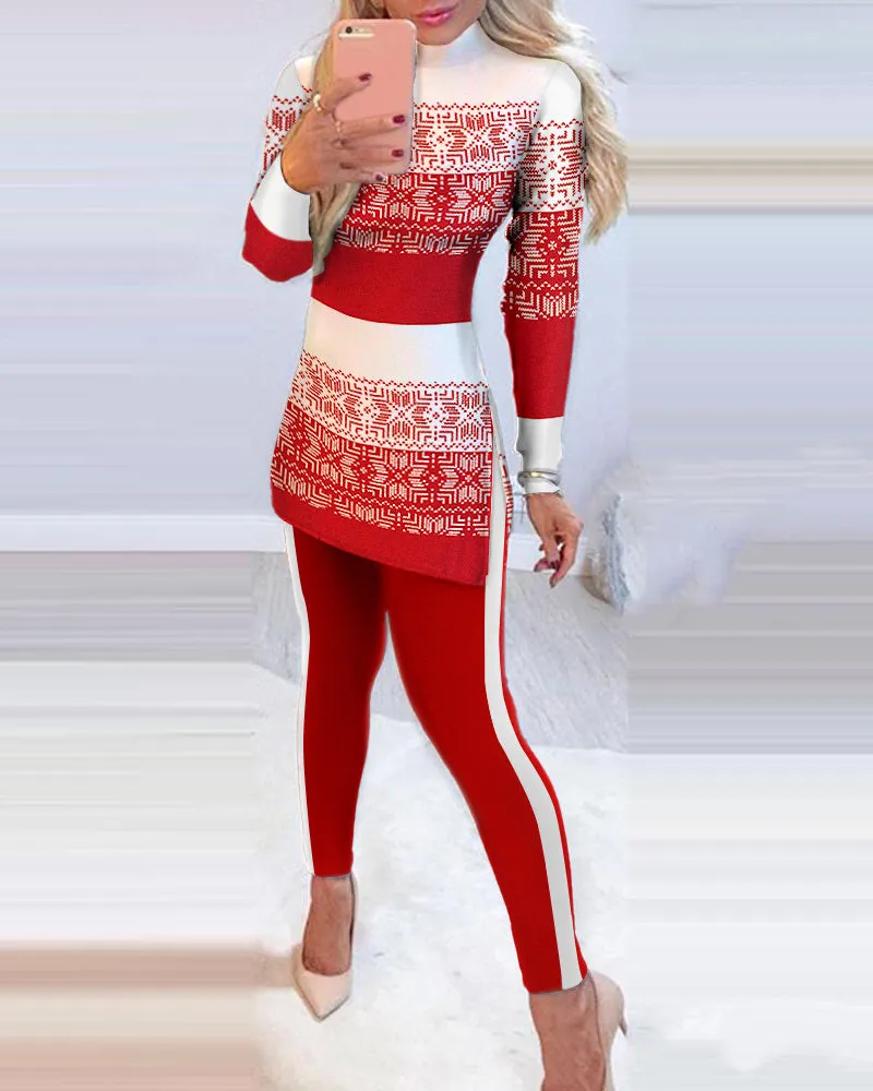 Festive Red Snowflake 2 Piece Fitted Tunic & Leggings Set