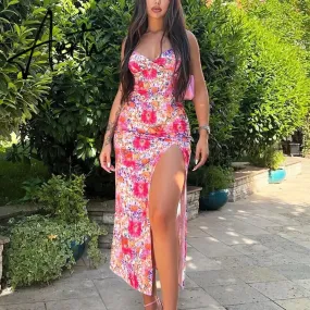 Floral Print Slip V Neck Backless Slit Sexy Bodycon Maxi Prom Dress Summer Women Elegant Outfit Streetwear Party Kawaii