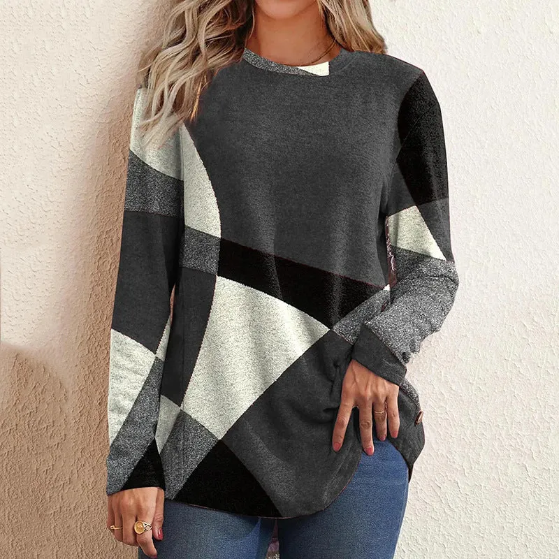 Geometric print contrast long-sleeved T-shirt