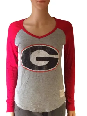 Georgia Bulldogs Retro Brand Women Red Two Tone V-Neck Long Sleeve T-Shirt