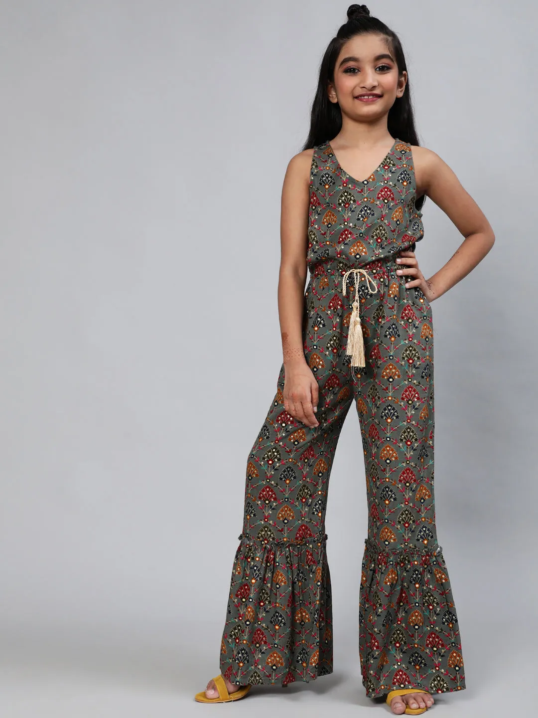 Girl's Grey Printed Jumpsuit - Aks Girls