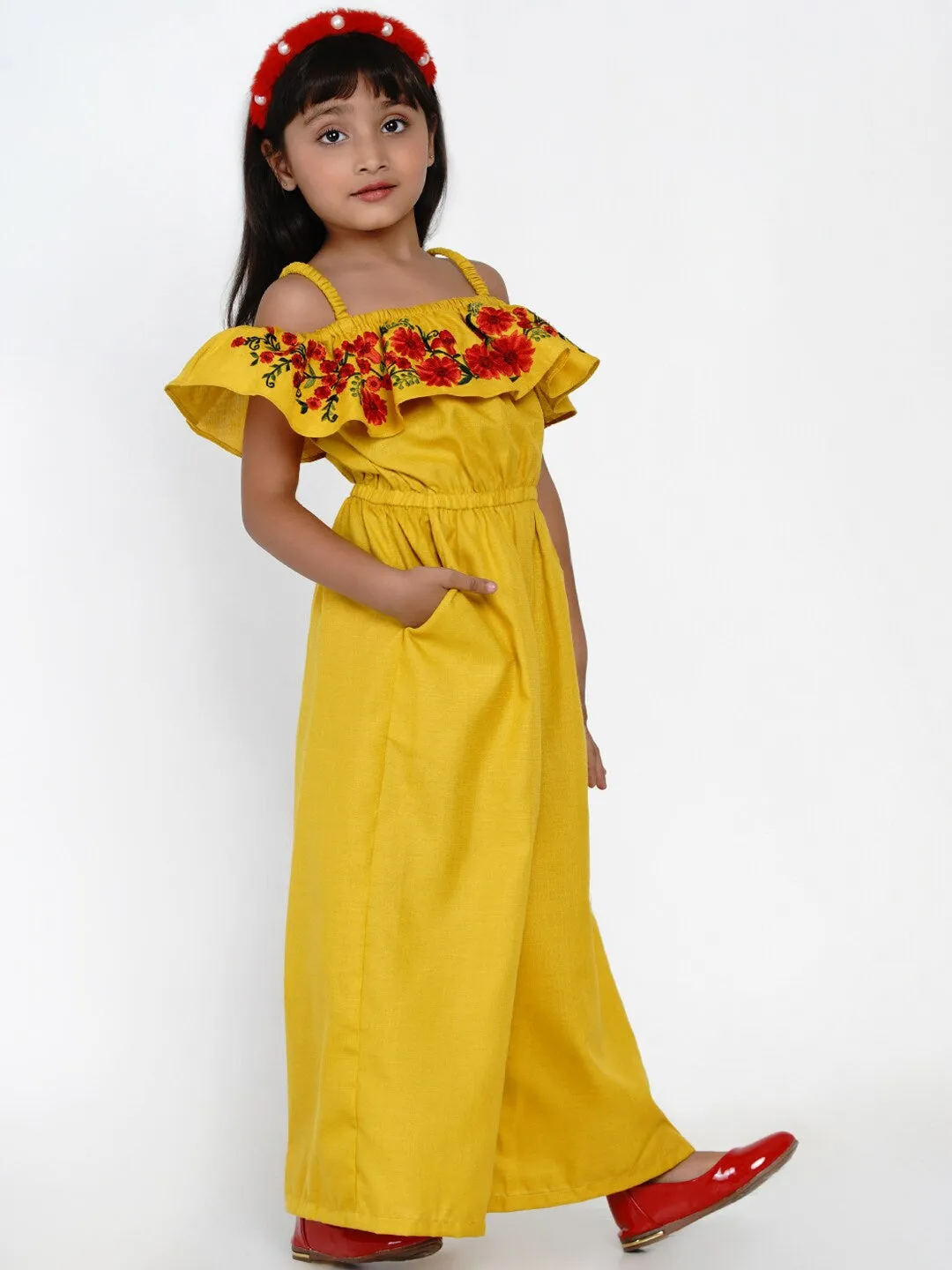 Girls Mustard & Red Basic Jumpsuit With Embroidered