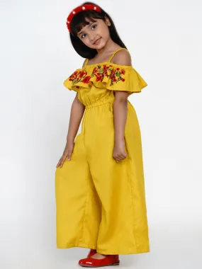 Girls Mustard & Red Basic Jumpsuit With Embroidered