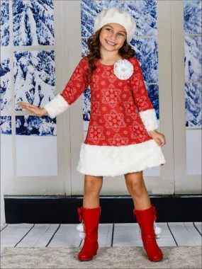 Girls Red Snowflake Print Rosette Cuffed Dress