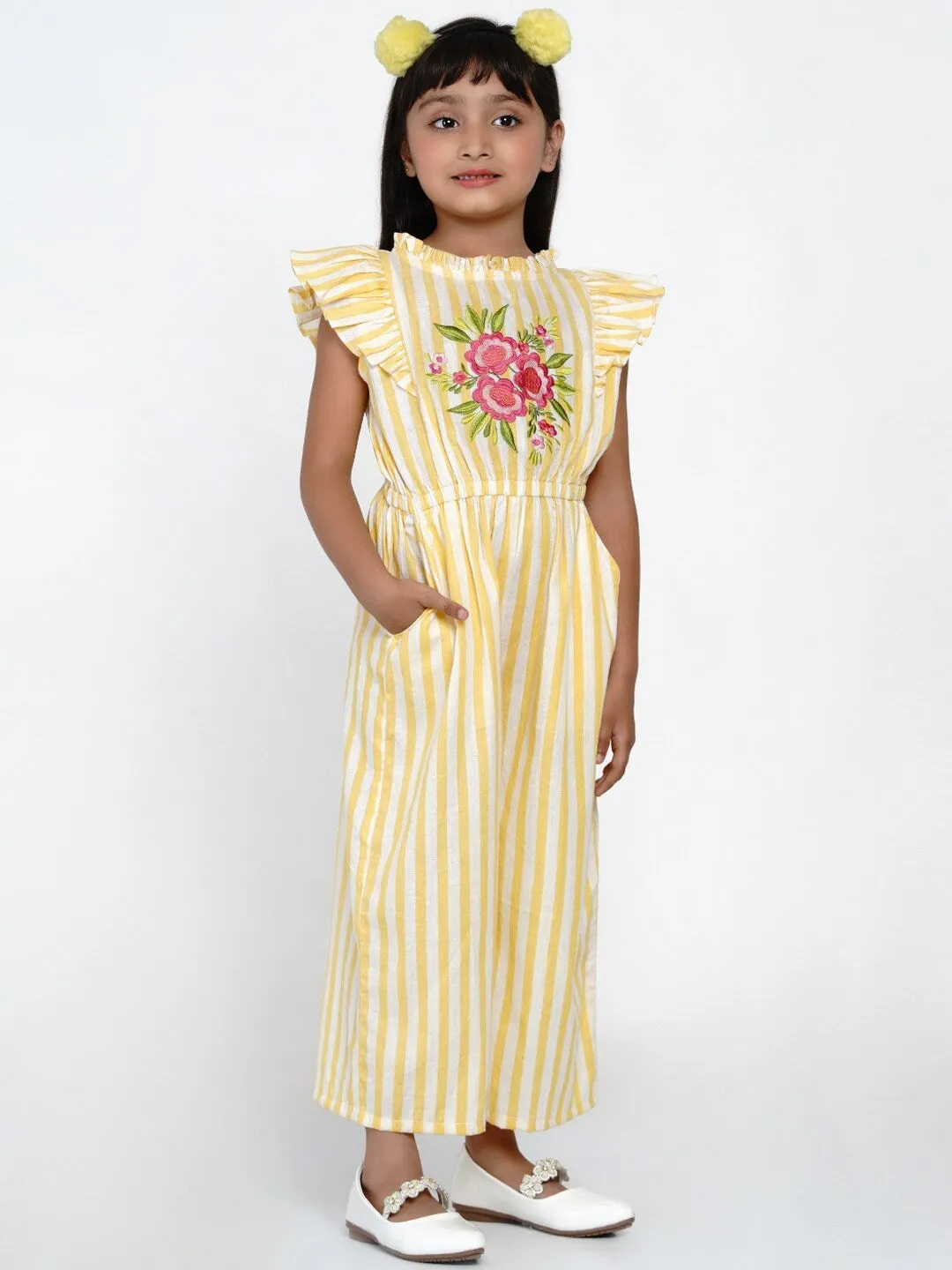 Girls Yellow & White Striped Basic Jumpsuit