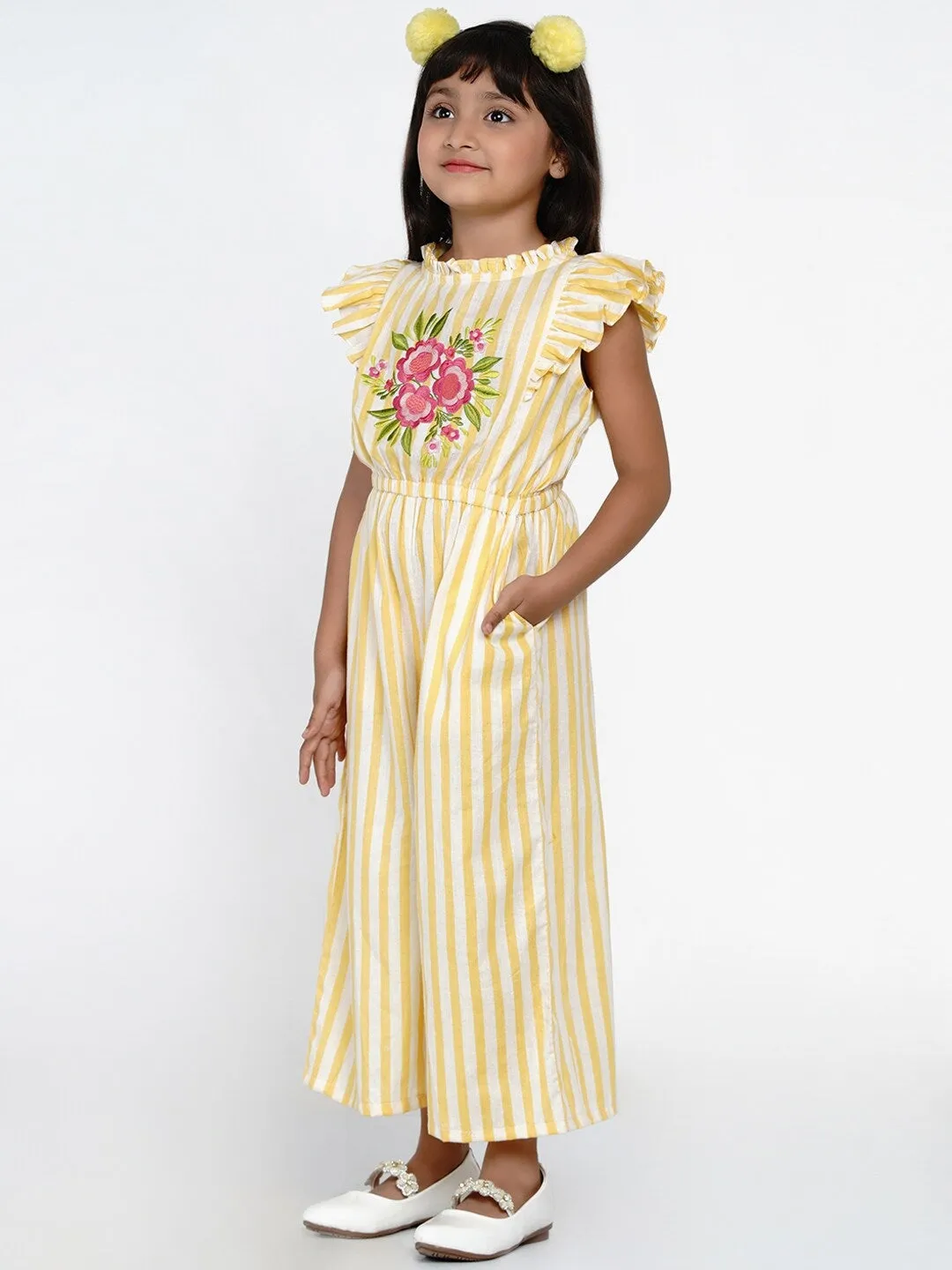 Girls Yellow & White Striped Basic Jumpsuit