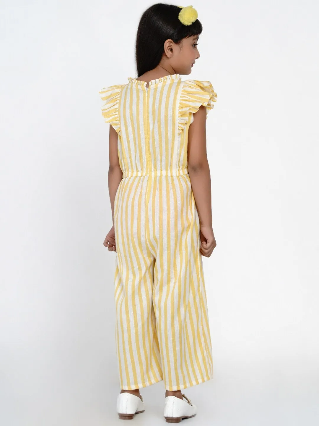 Girls Yellow & White Striped Basic Jumpsuit