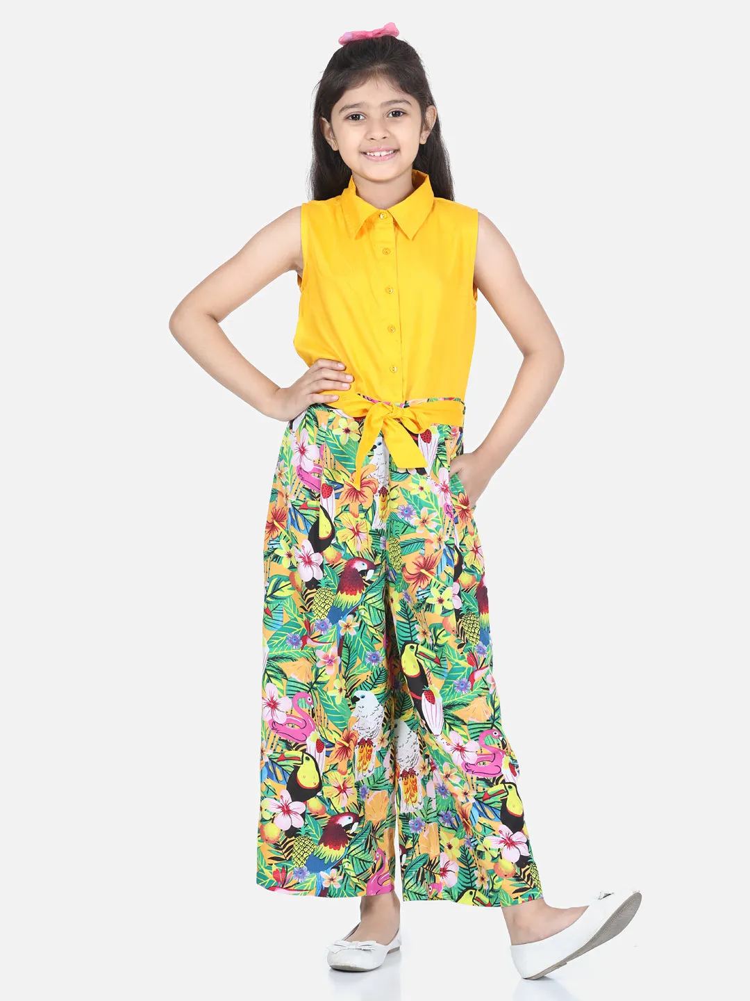 Girl's Yellow Printed Jumpsuit - StyleStone Kid