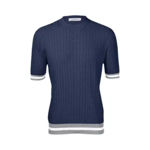 GRAN SASSO Cotton Cable Knit T Shirt NAVY