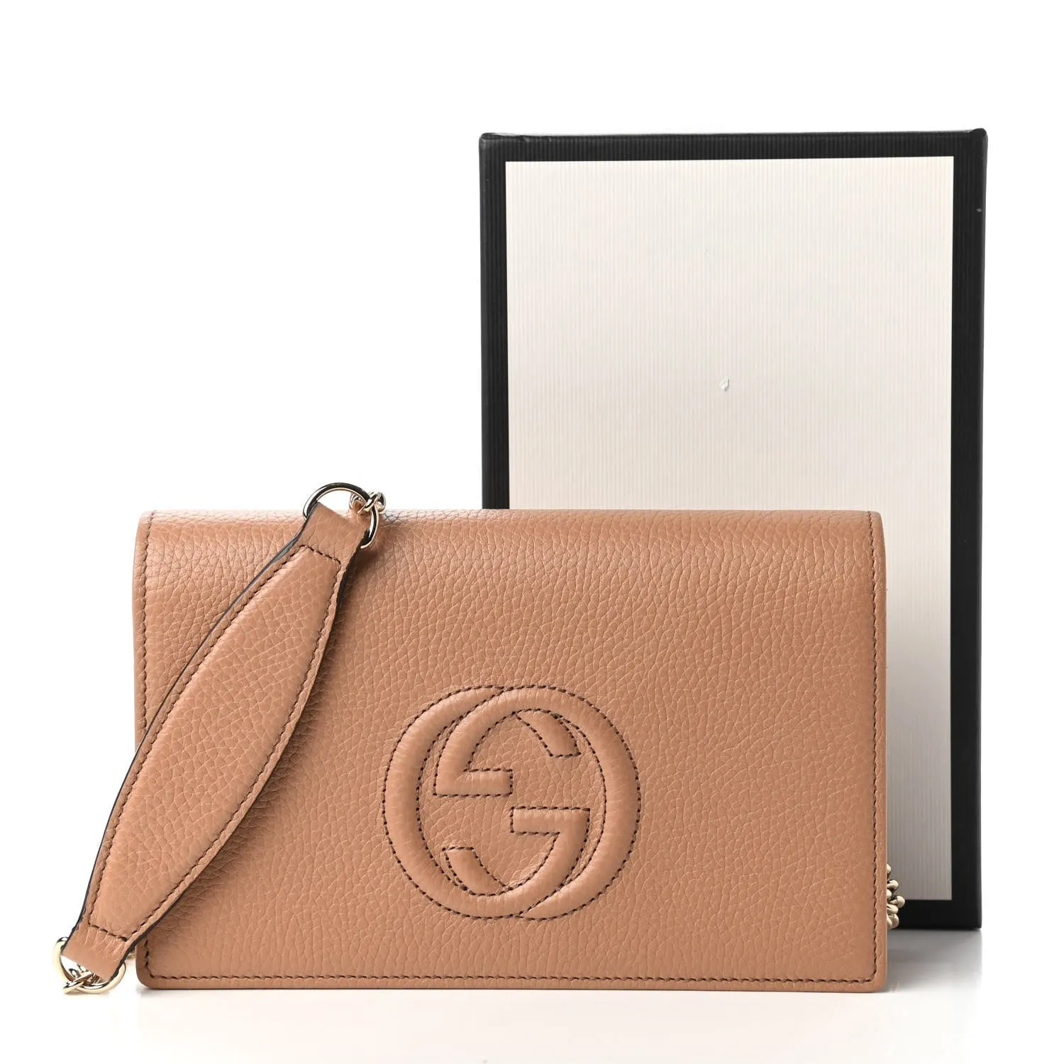 Gucci Soho Wallet on Chain Camelia Beige Leather Crossbody Clutch Bag