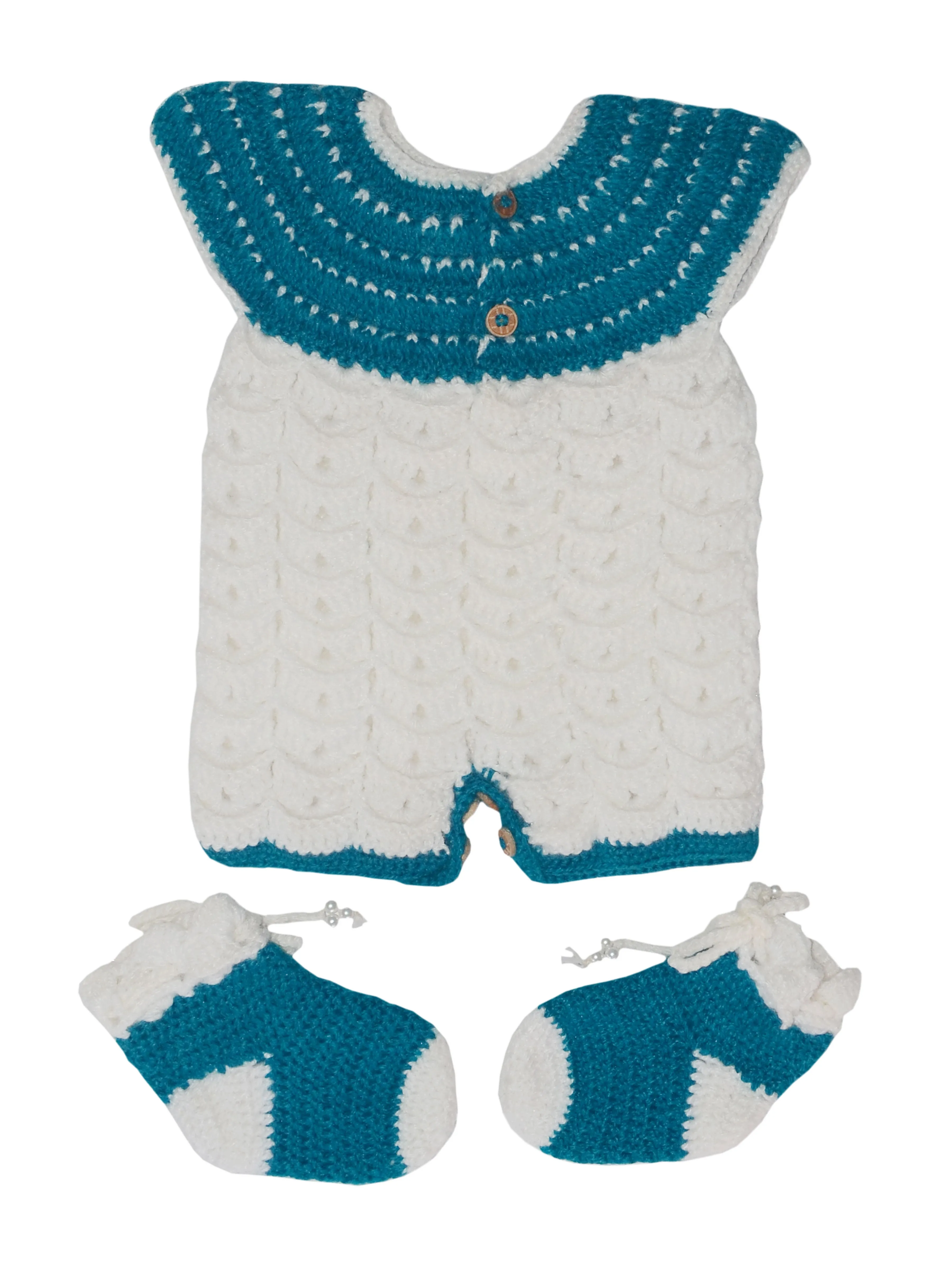 Handmade Graminarts Woolen Crochet Design Jumpsuit For New Born Baby Girl- White & Teal