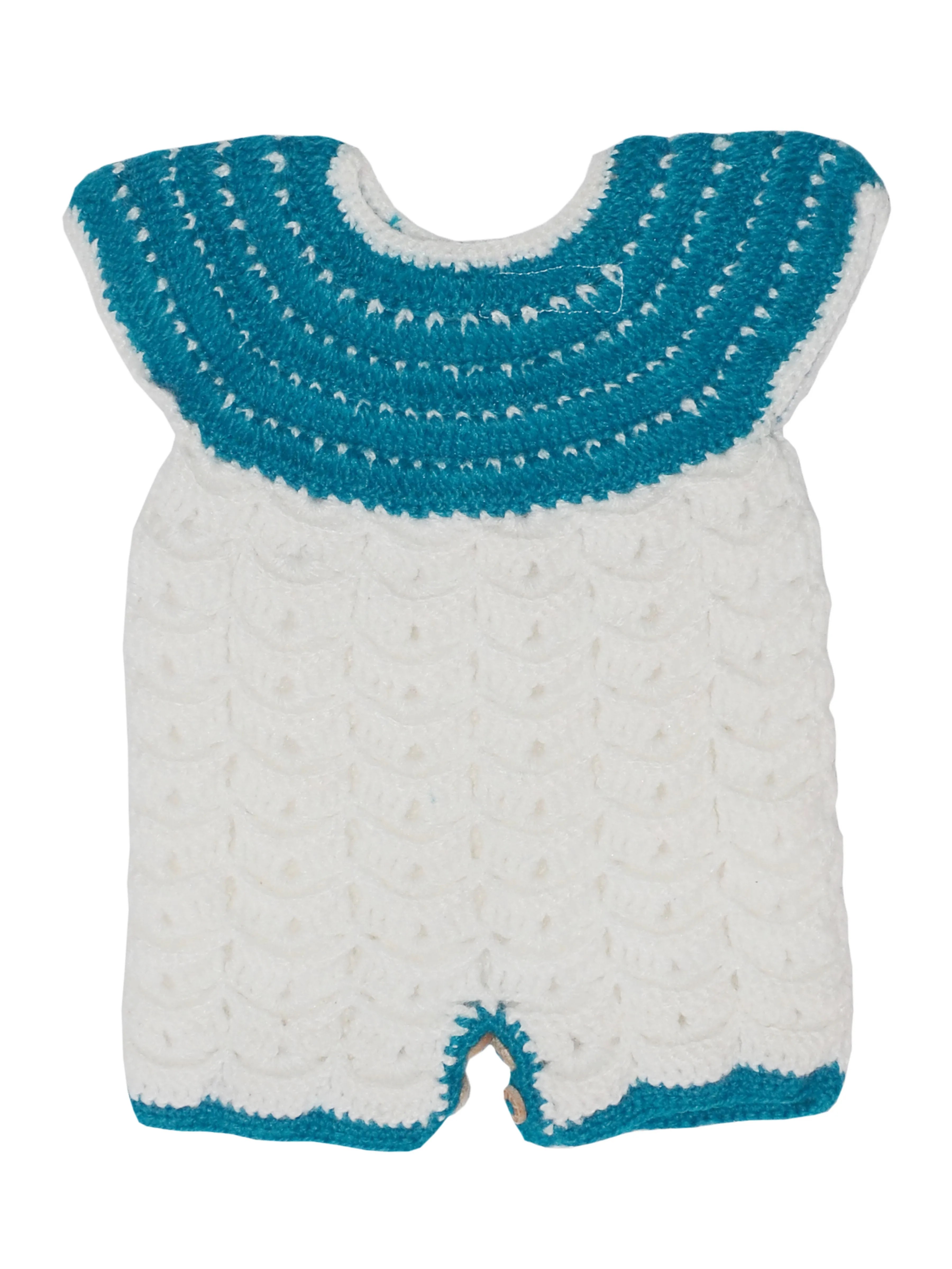 Handmade Graminarts Woolen Crochet Design Jumpsuit For New Born Baby Girl- White & Teal