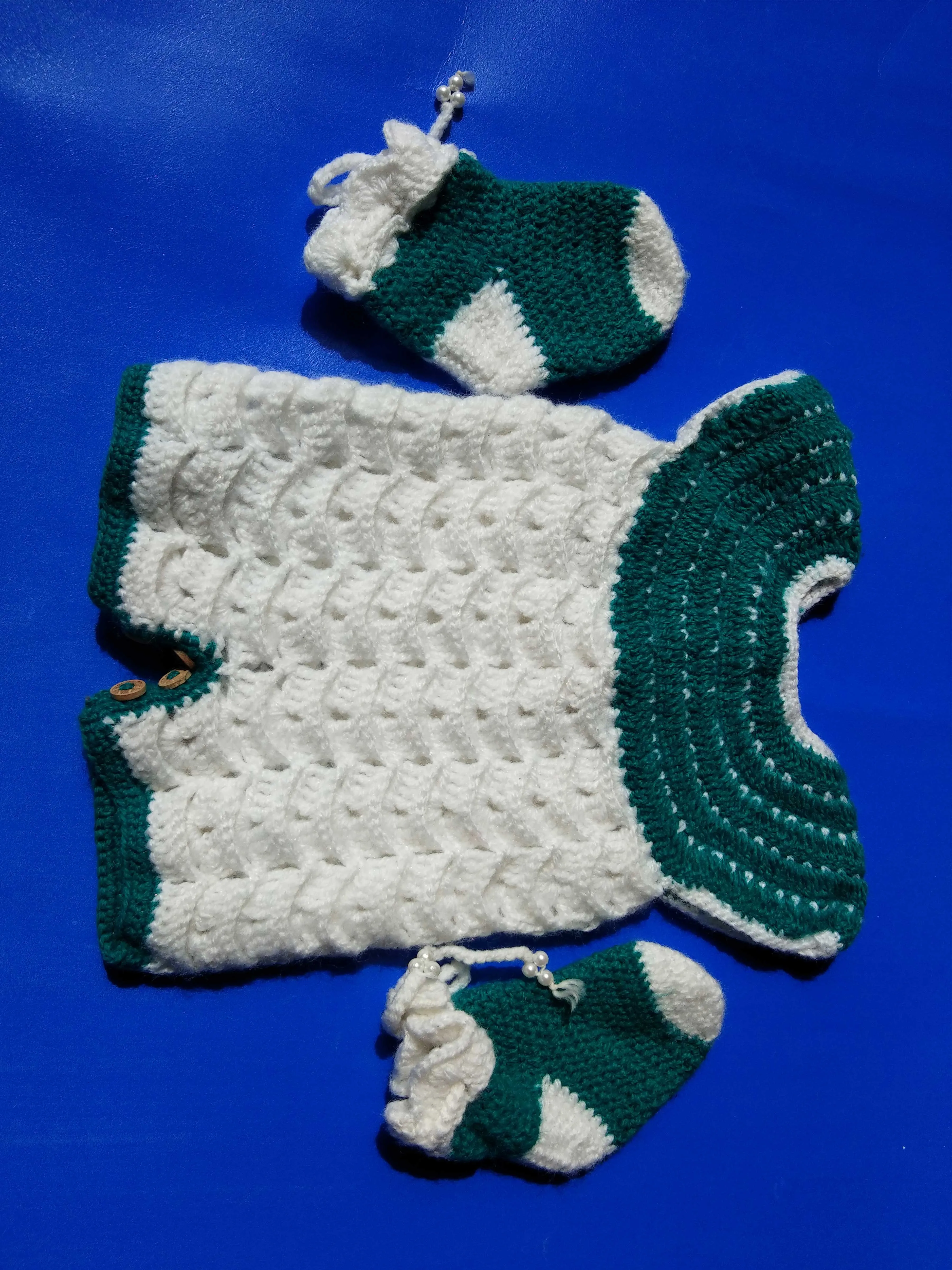 Handmade Graminarts Woolen Crochet Design Jumpsuit For New Born Baby Girl- White & Teal