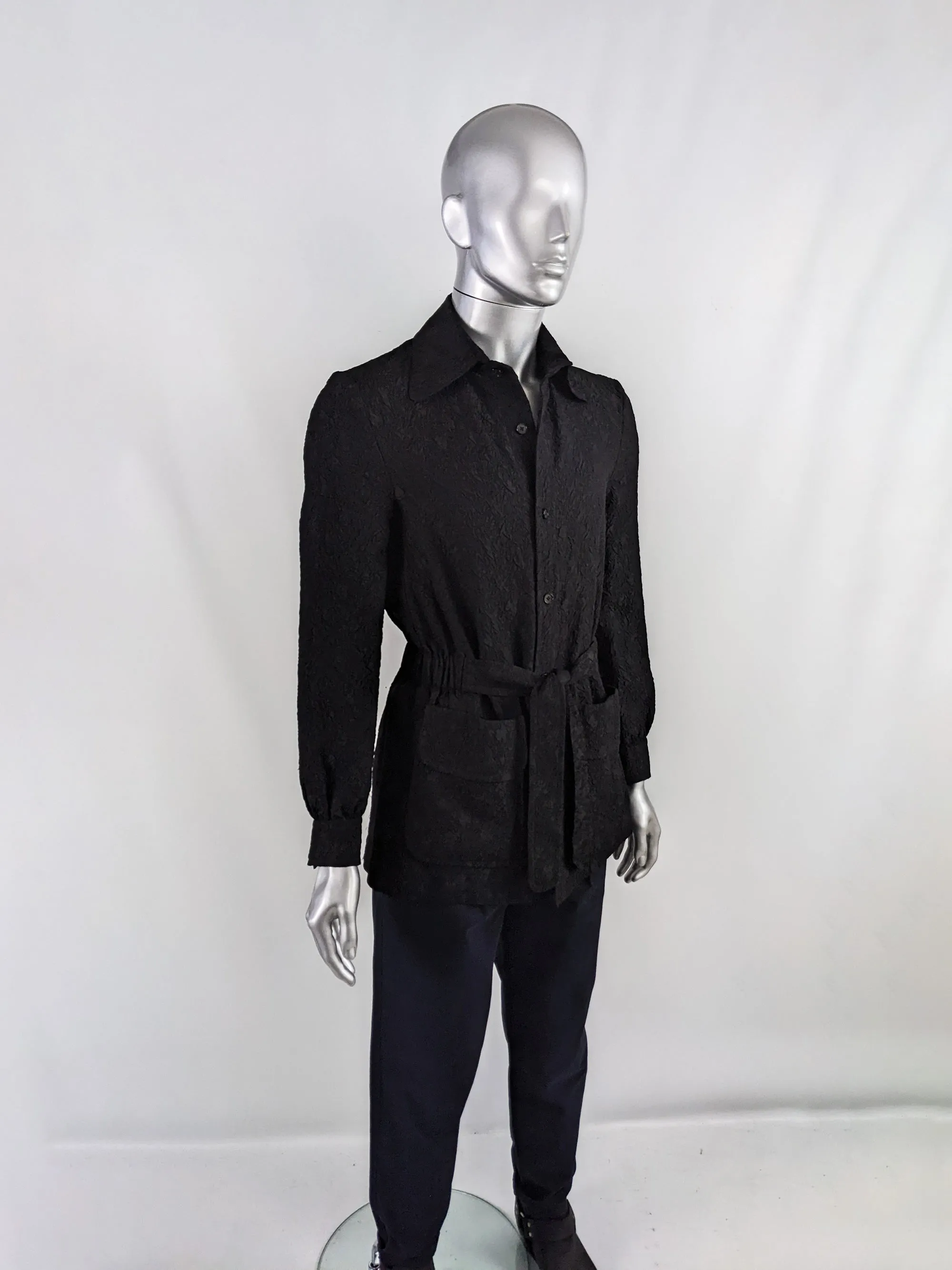 Hardy Amies Vintage Mens Black Cloqué Mod Belted Shirt, 1960s