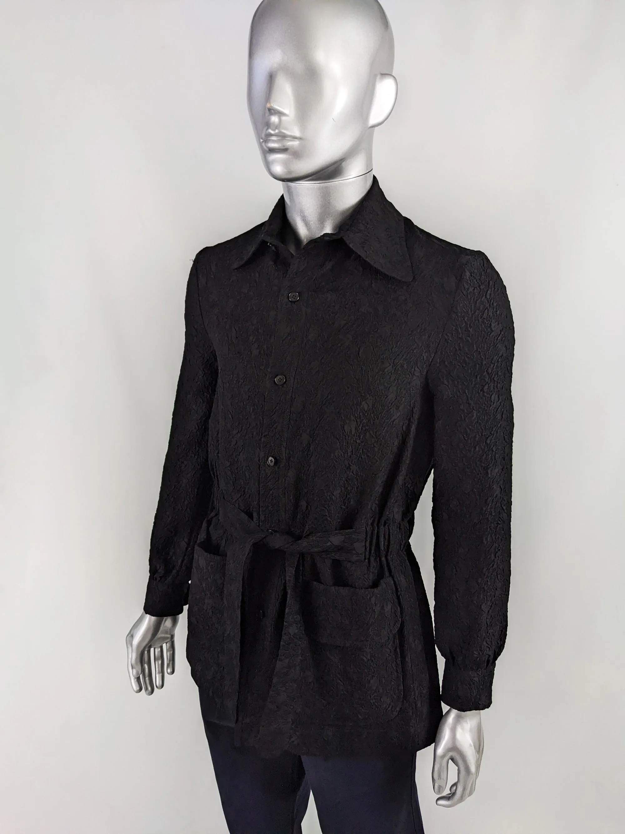 Hardy Amies Vintage Mens Black Cloqué Mod Belted Shirt, 1960s