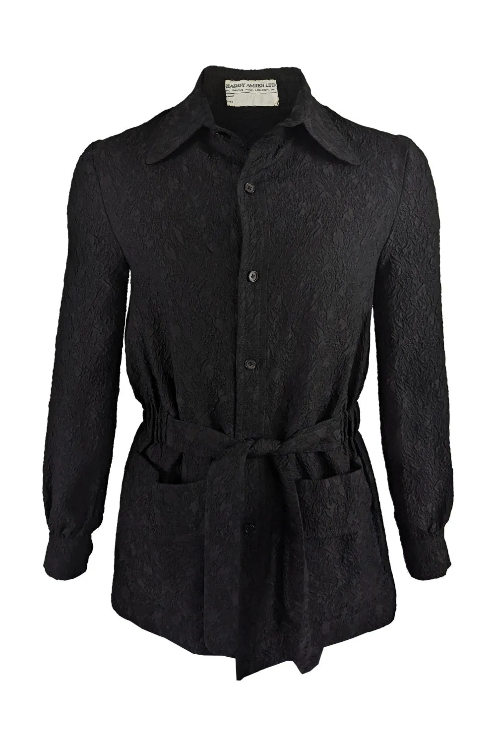 Hardy Amies Vintage Mens Black Cloqué Mod Belted Shirt, 1960s