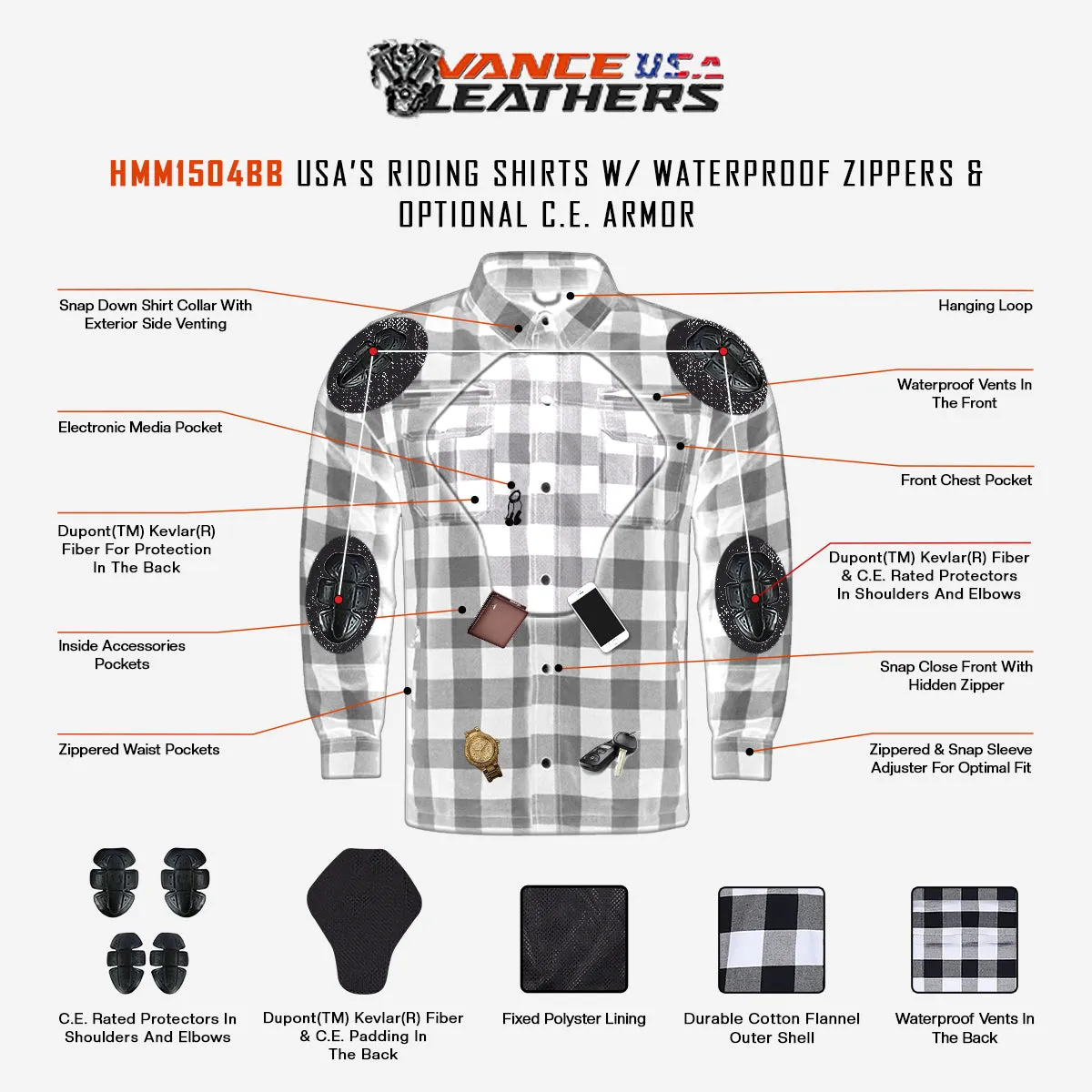 HMM1504BlW Vance Leathers USA’s Riding Shirts with Waterproof Zippers & Optional C.E. Armor