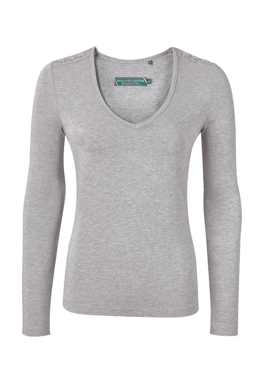 Holland Cooper Long Sleeve Vee Neck Tee in Grey Marle