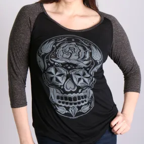 Hot Leathers Sugar Skull Black and Heather Grey 3/4 Sleeve Ladies Shirt GLC3352