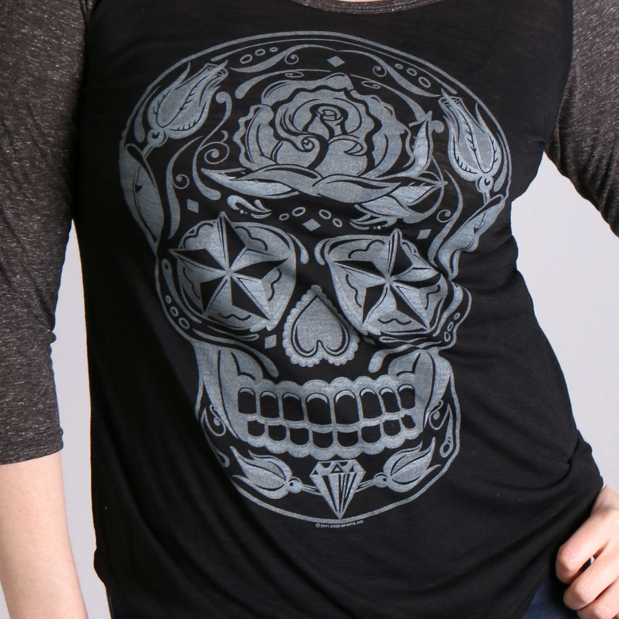 Hot Leathers Sugar Skull Black and Heather Grey 3/4 Sleeve Ladies Shirt GLC3352