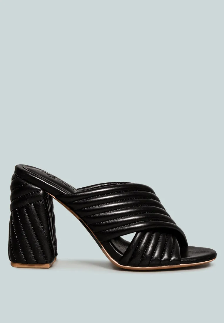 HUTTON Black Quilted Block Heel Leather Sandals