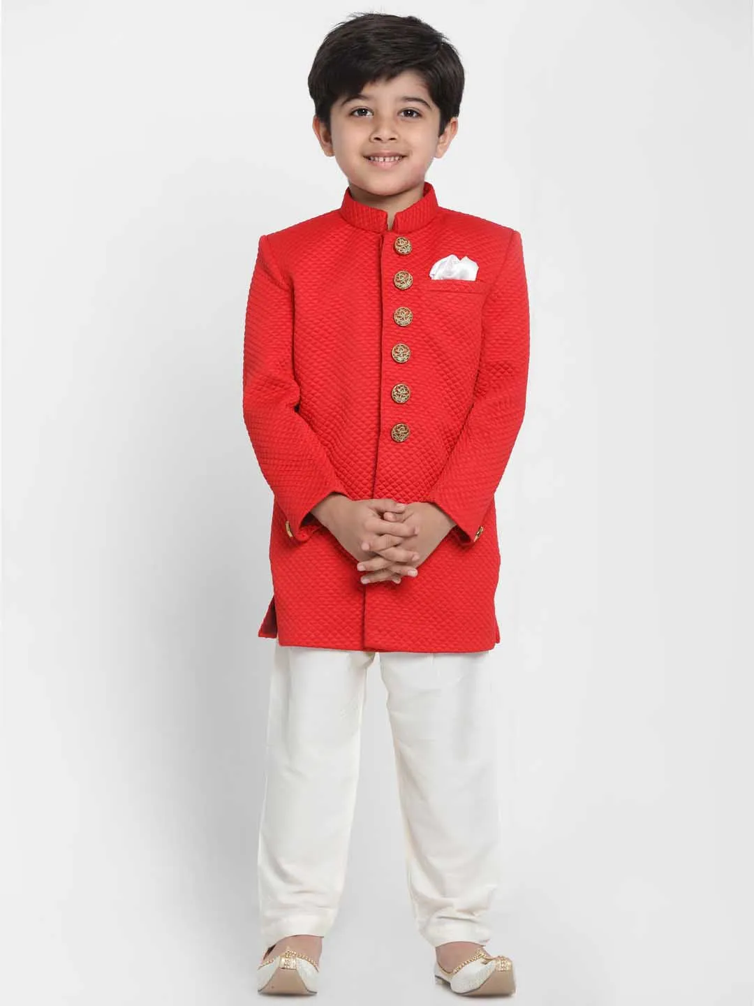 Jashvi Boys Red Quilted Indowestern Sherwani and Churidar Set