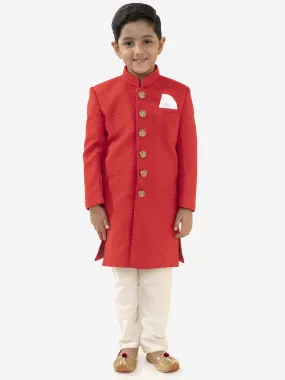 Jashvi Boys Red Quilted Indowestern Sherwani and Churidar Set