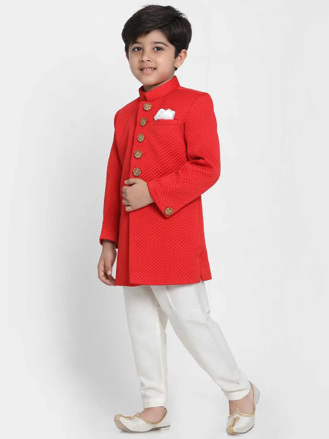 Jashvi Boys Red Quilted Indowestern Sherwani and Churidar Set