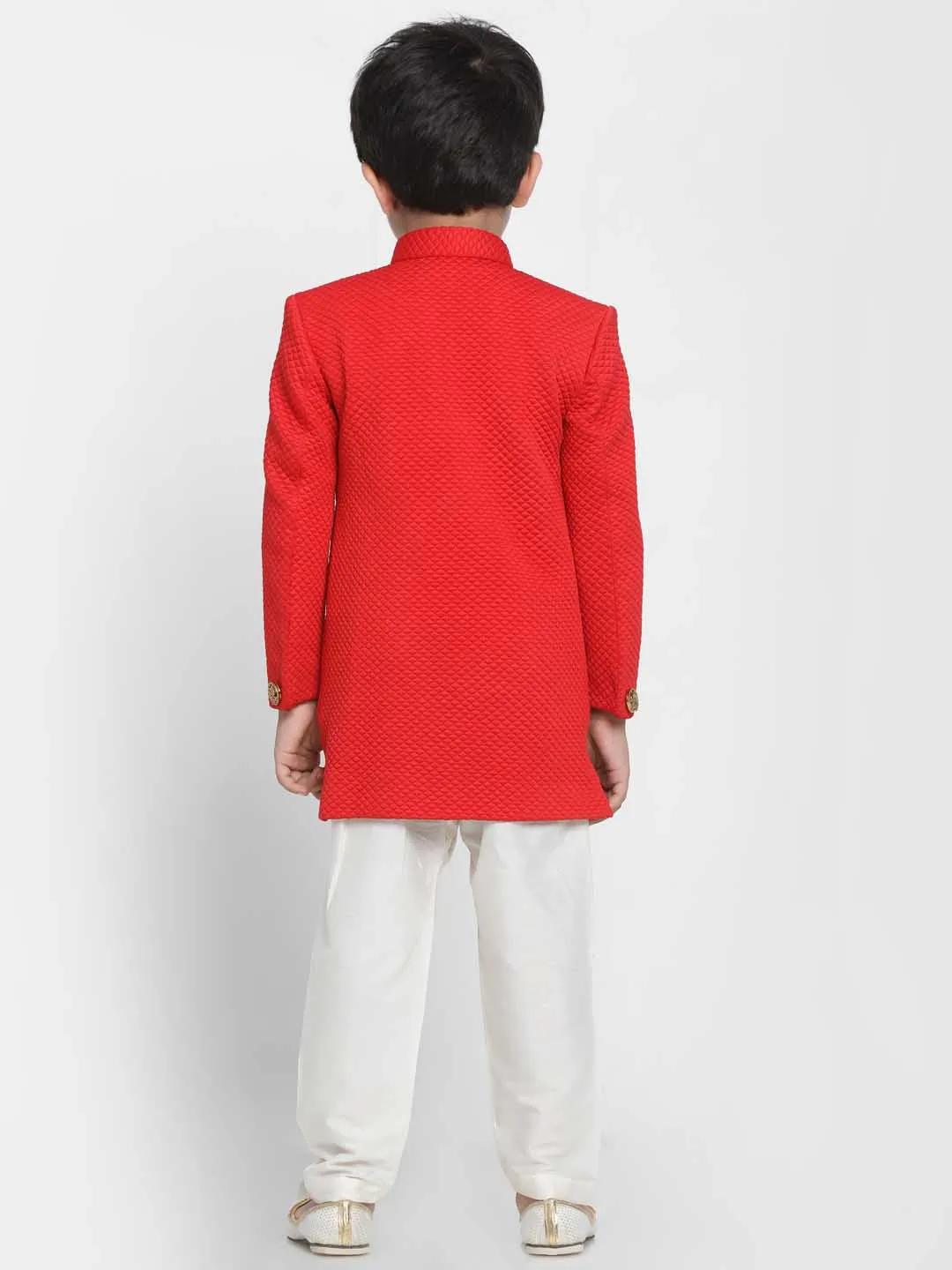 Jashvi Boys Red Quilted Indowestern Sherwani and Churidar Set