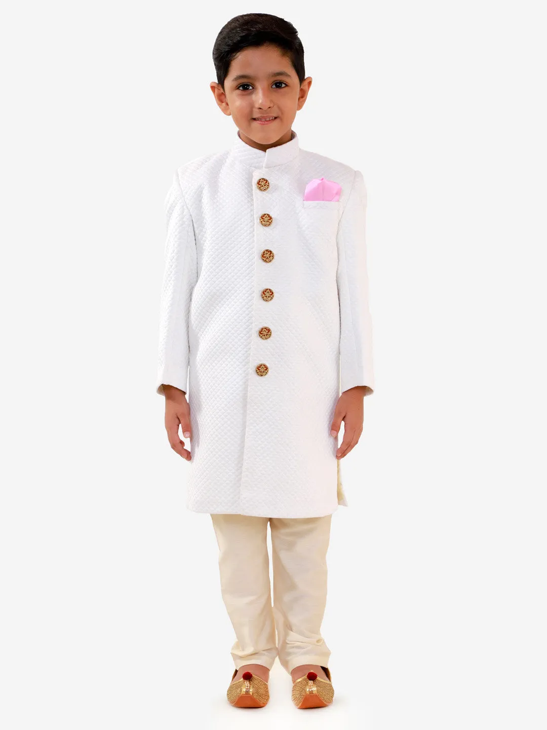 Jashvi Boys White Quilted Indowestern Sherwani and Churidar Set