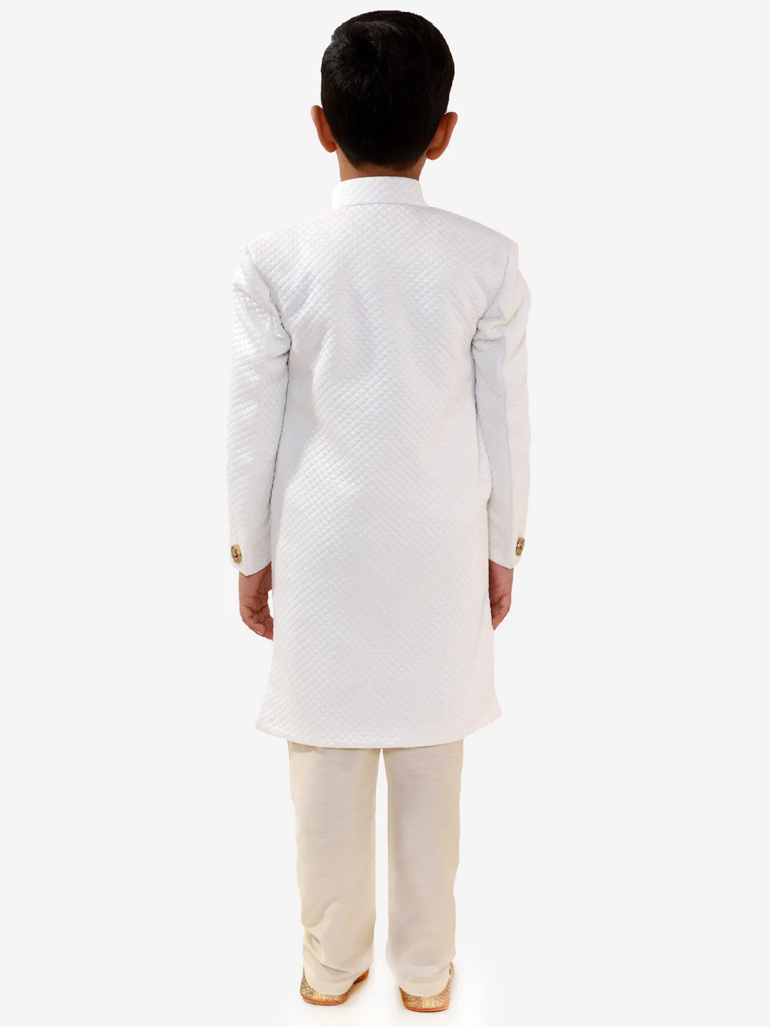 Jashvi Boys White Quilted Indowestern Sherwani and Churidar Set