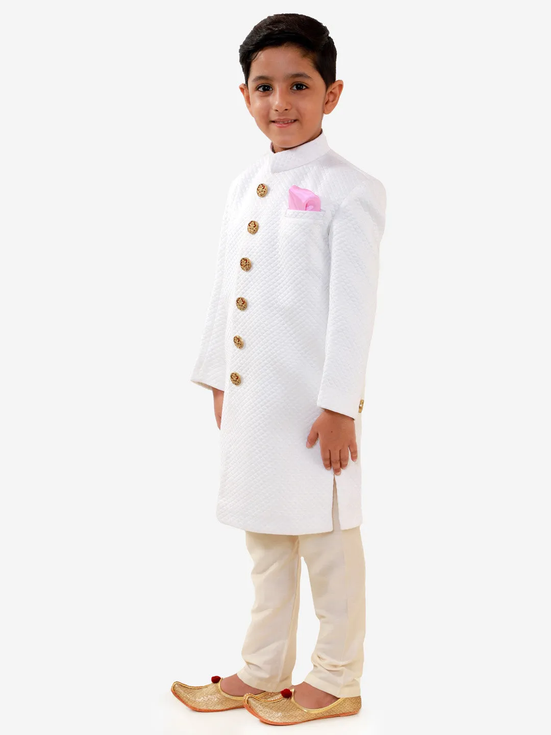 Jashvi Boys White Quilted Indowestern Sherwani and Churidar Set