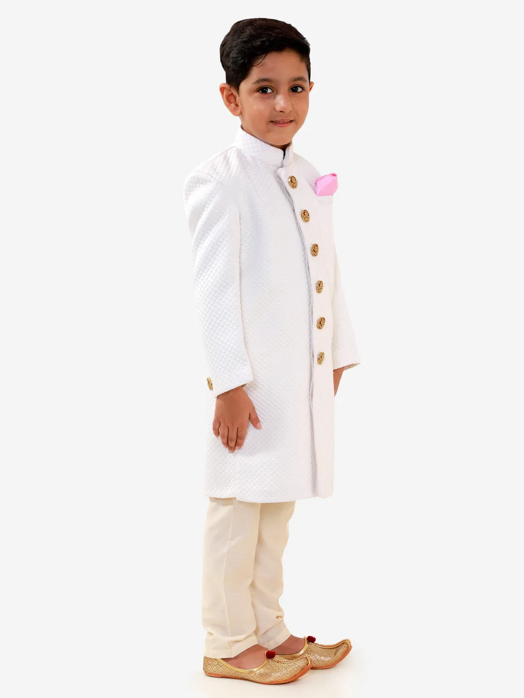 Jashvi Boys White Quilted Indowestern Sherwani and Churidar Set