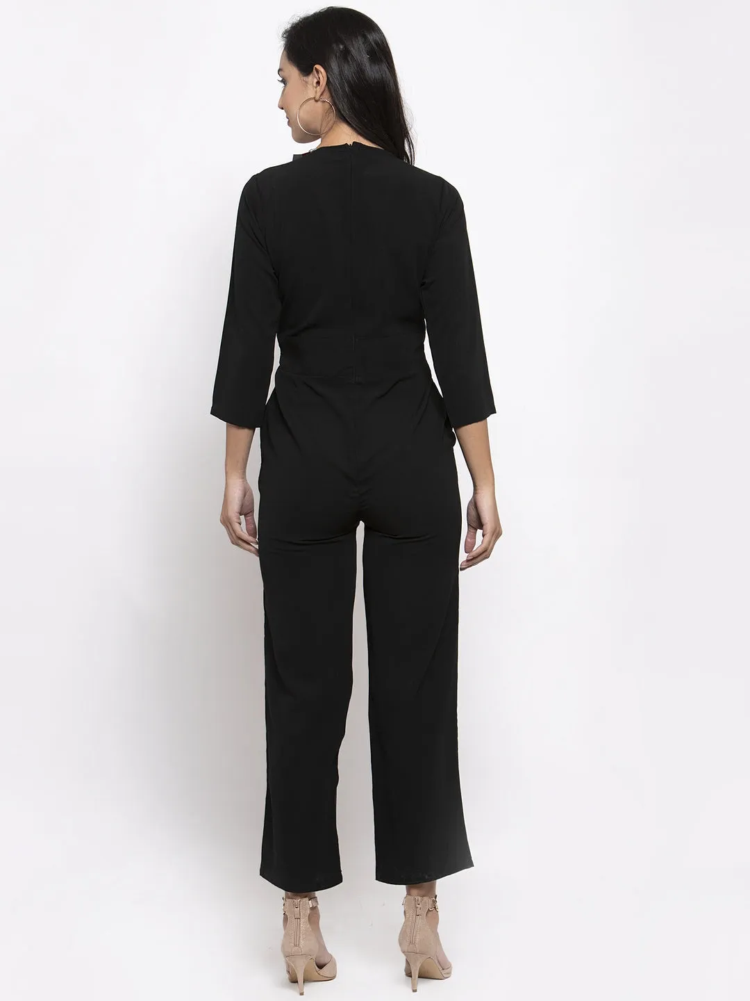 Jashvi Women Black Solid Jumpsuit with sequence on neck