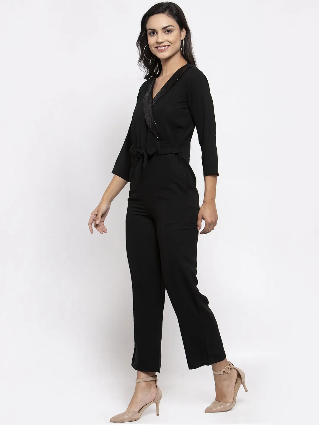 Jashvi Women Black Solid Jumpsuit with sequence on neck