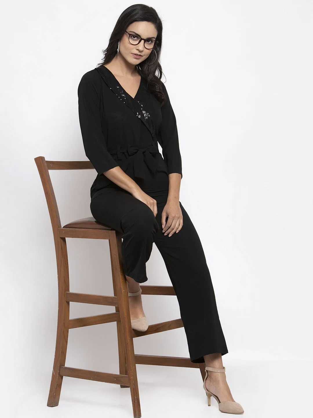 Jashvi Women Black Solid Jumpsuit with sequence on neck