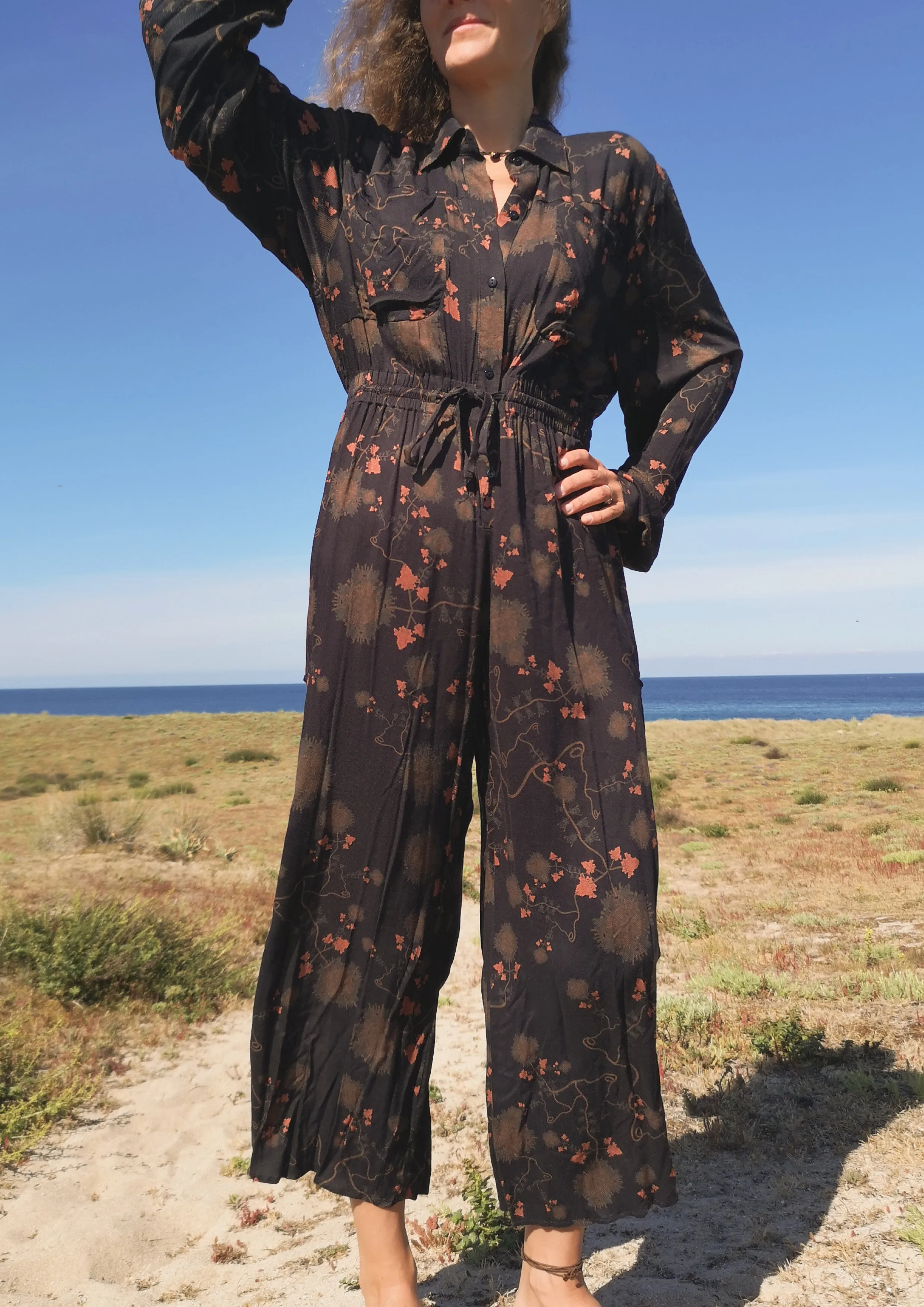 JUMPSUIT WIDE - AIRY SUMMER SILKY RAYON printed black/rust