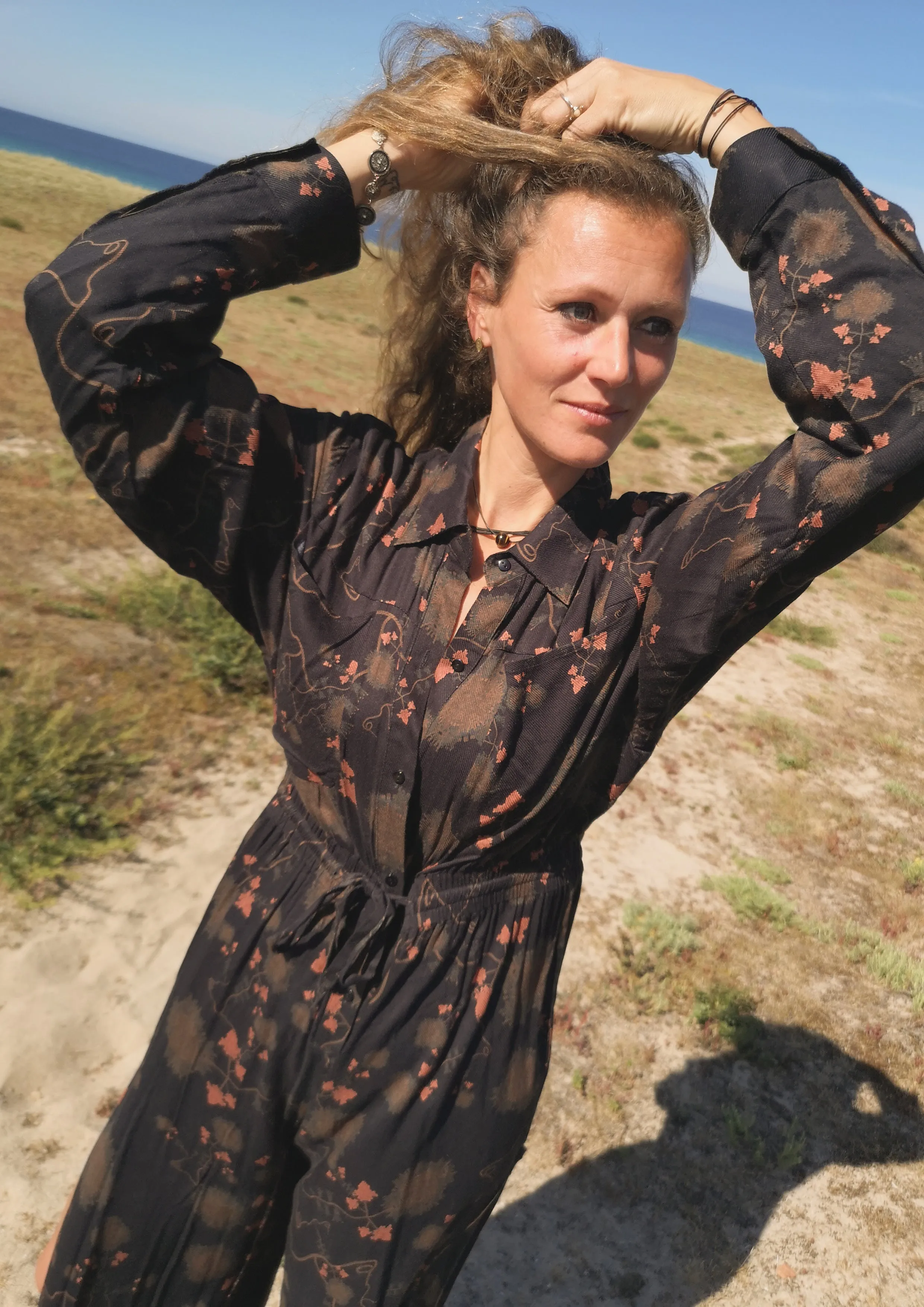 JUMPSUIT WIDE - AIRY SUMMER SILKY RAYON printed black/rust