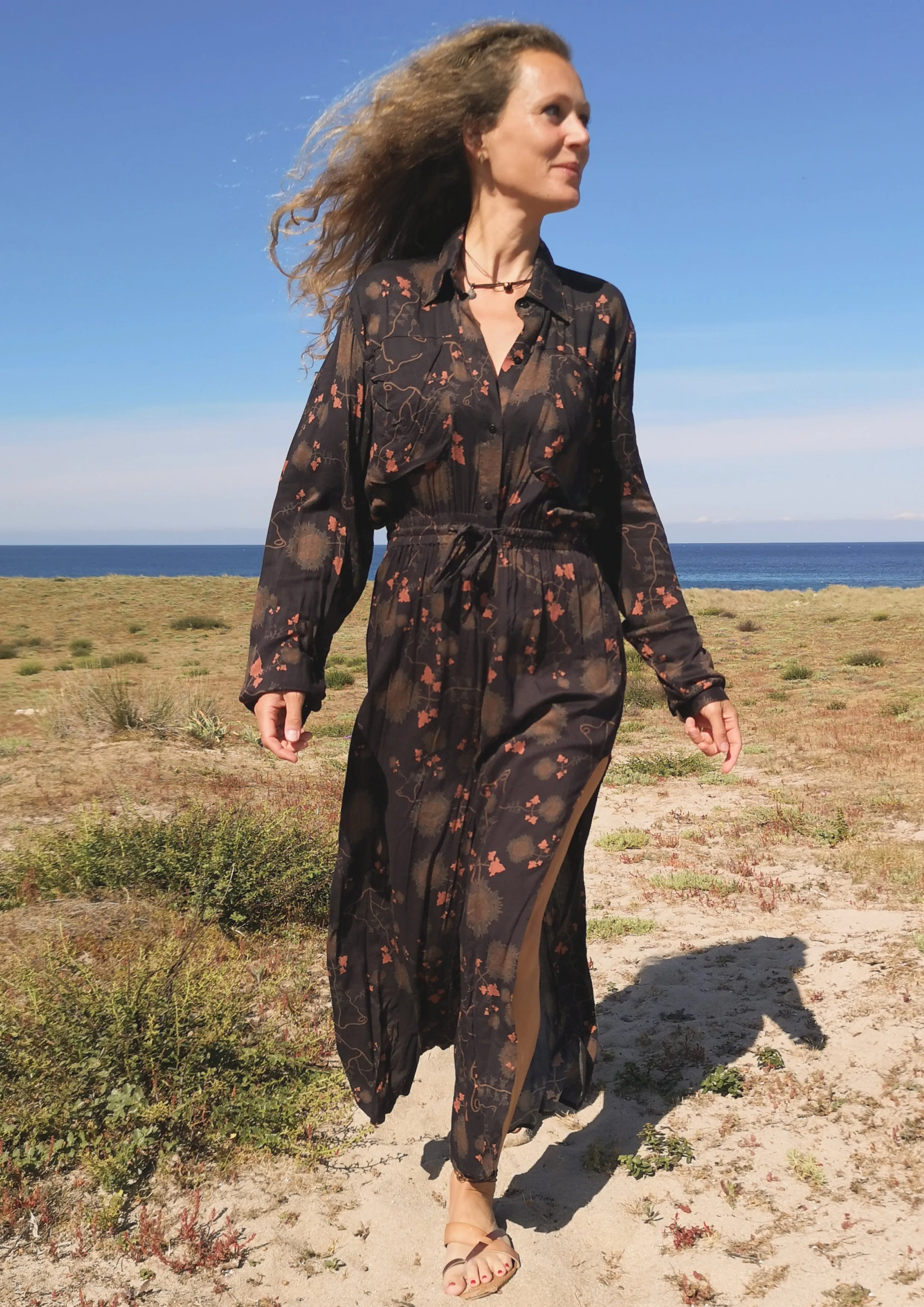 JUMPSUIT WIDE - AIRY SUMMER SILKY RAYON printed black/rust